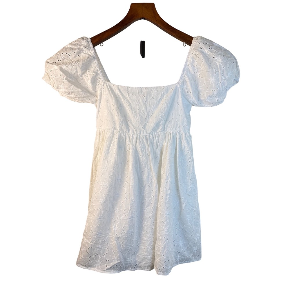 Altar'd State White Eyelet Mini Dress Puff Sleeve Square Neck DYDW6971PL‎ XS
